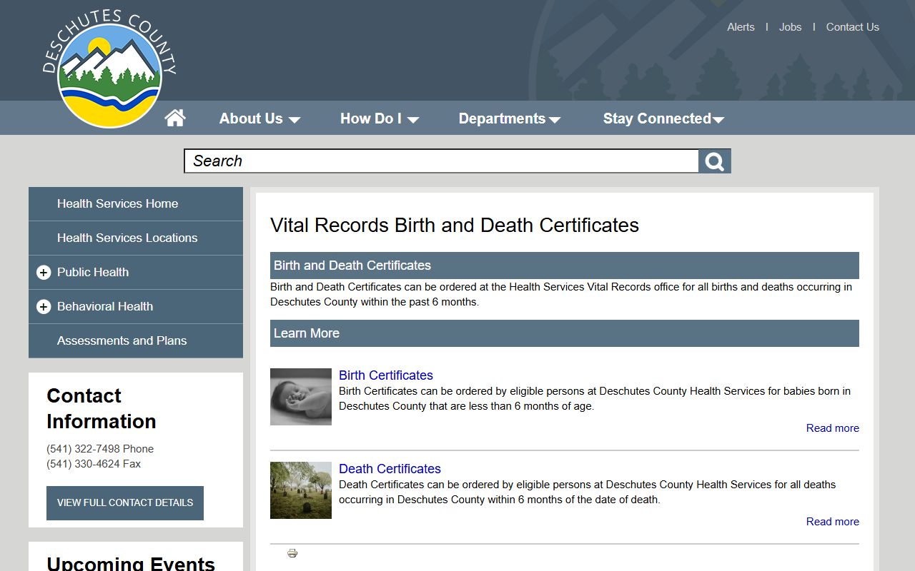 Bend death records Deschutes County vital records page