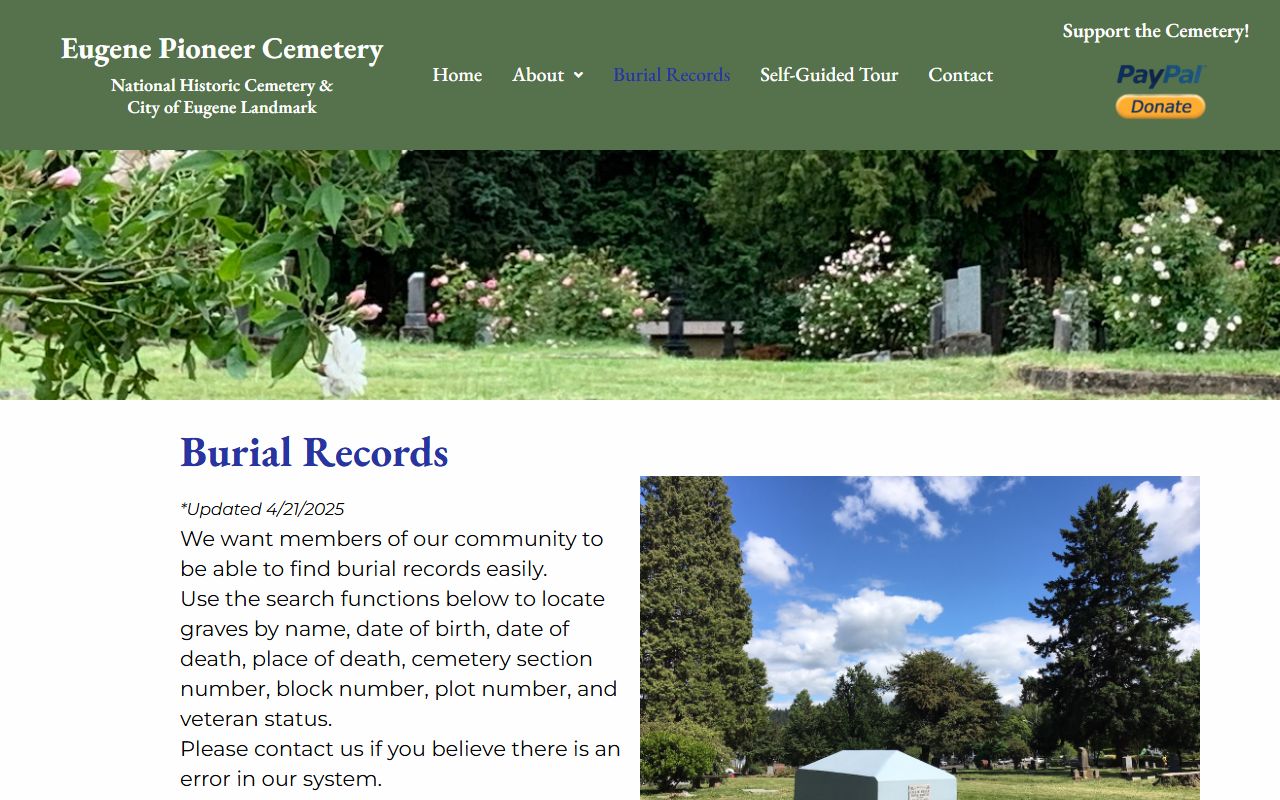 Eugene Pioneer Cemetery burial records for Eugene death records