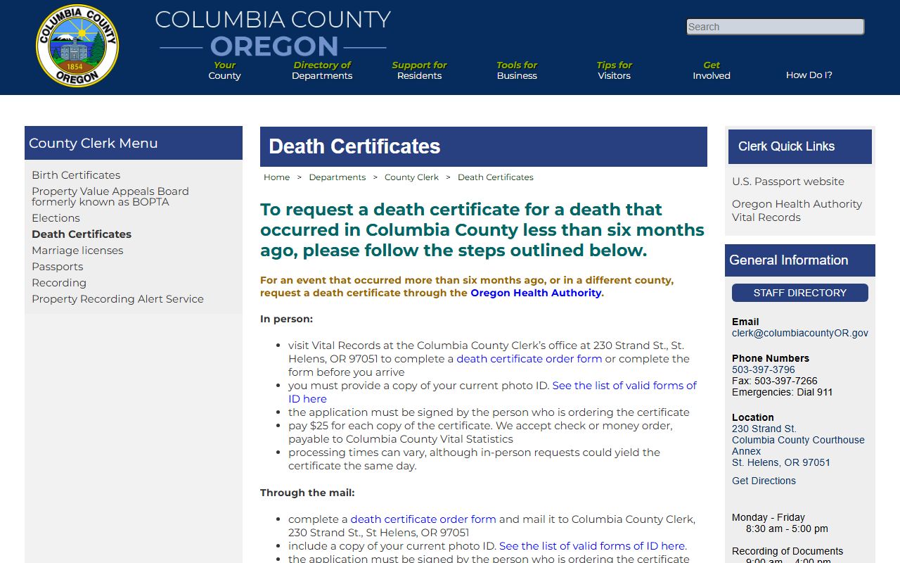 Columbia County Clerk death certificate ordering page