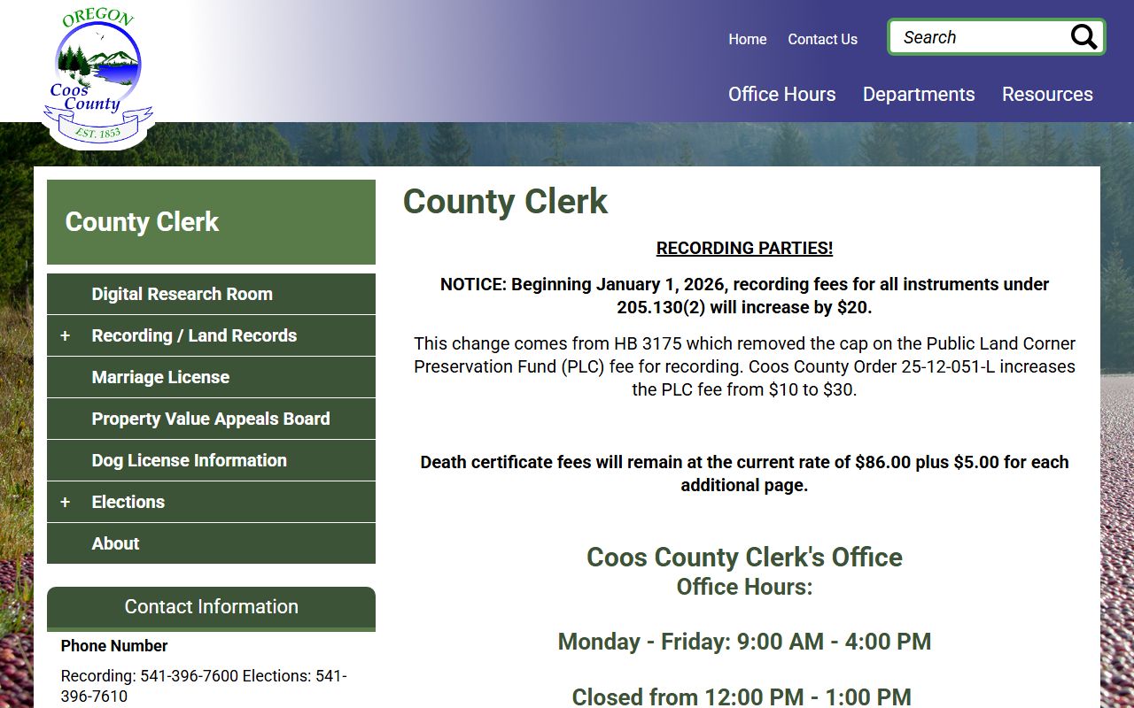 Coos County Clerk office page for death records