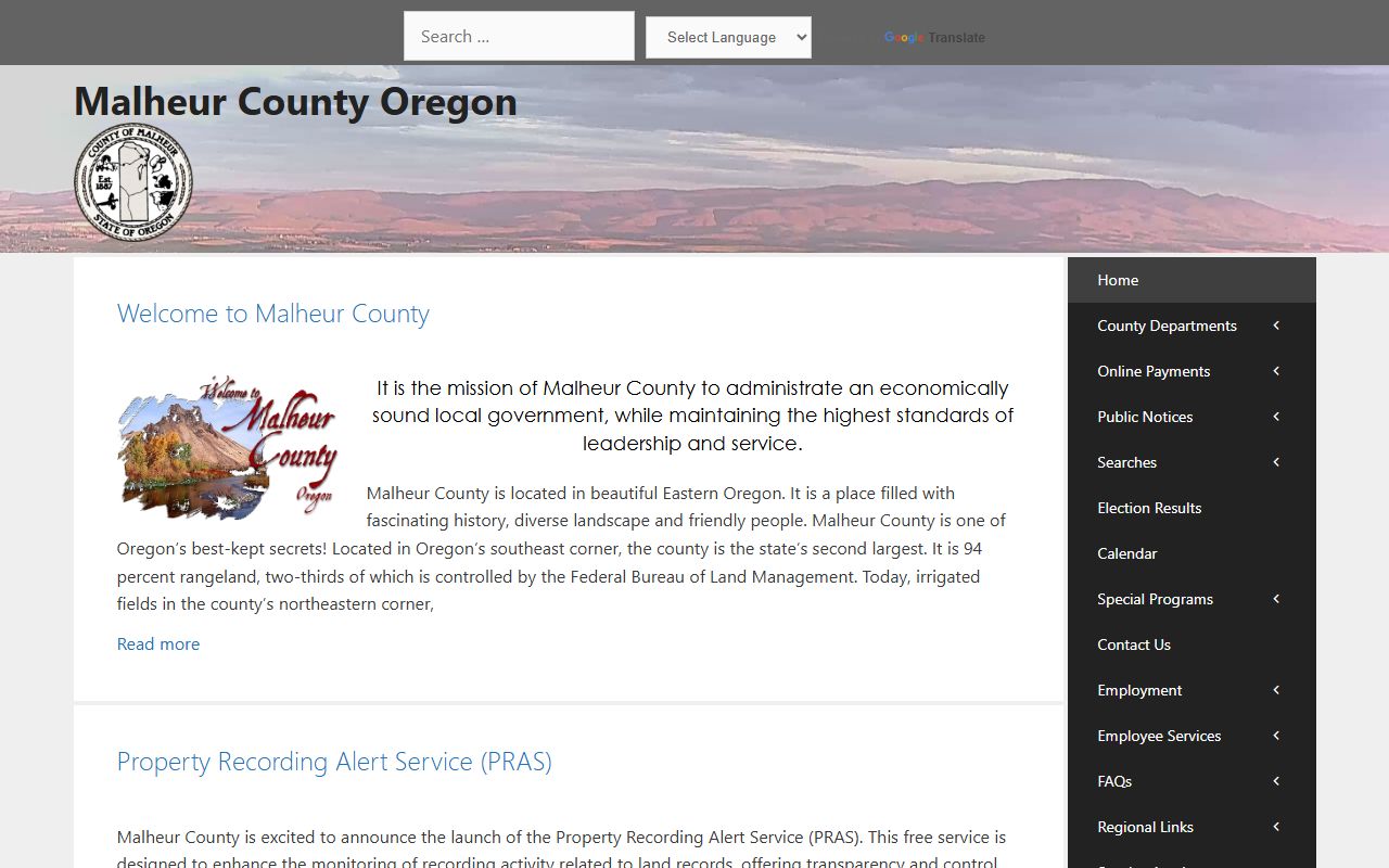 Malheur County official website for death records