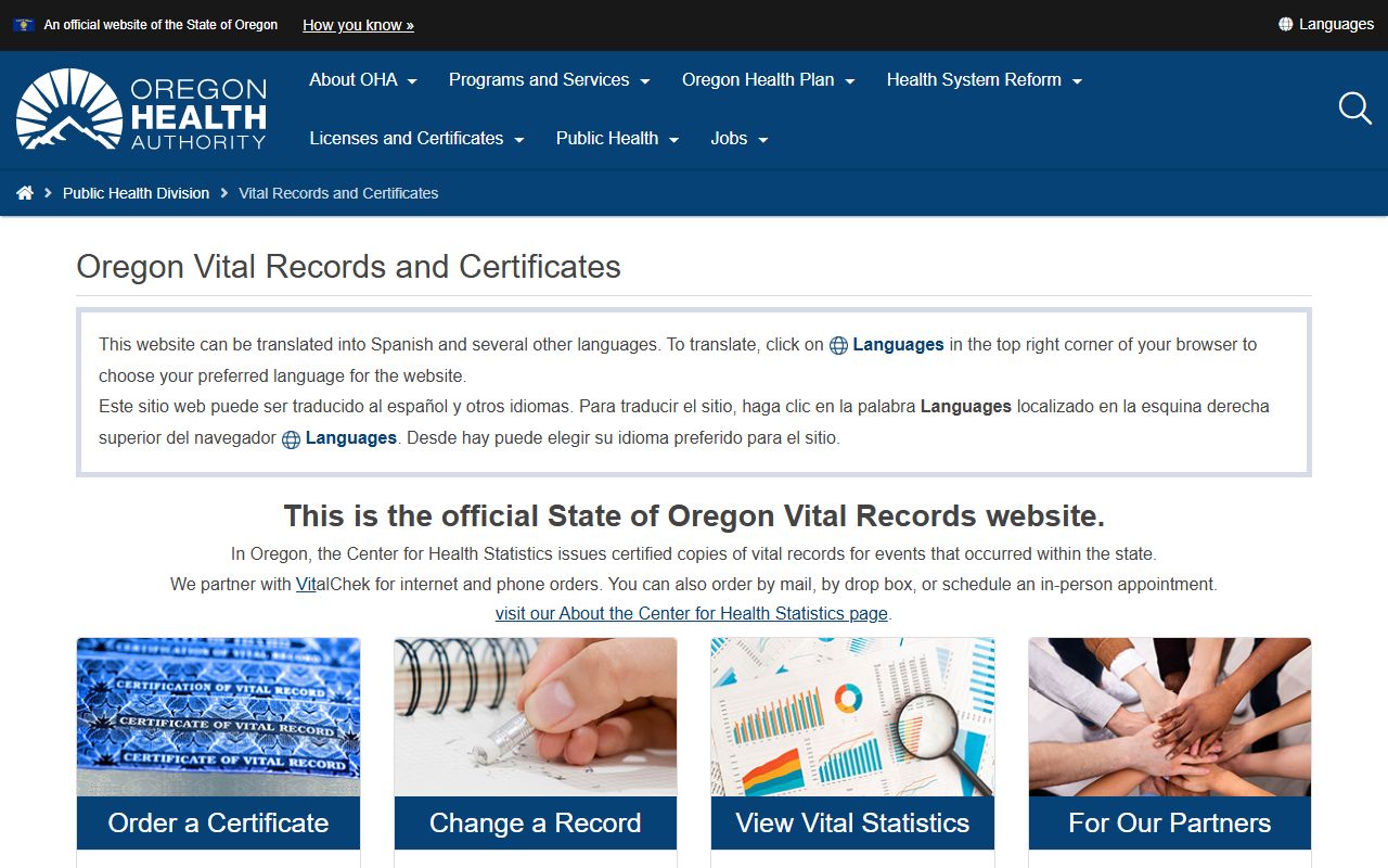 Oregon Health Authority Center for Health Statistics death records page