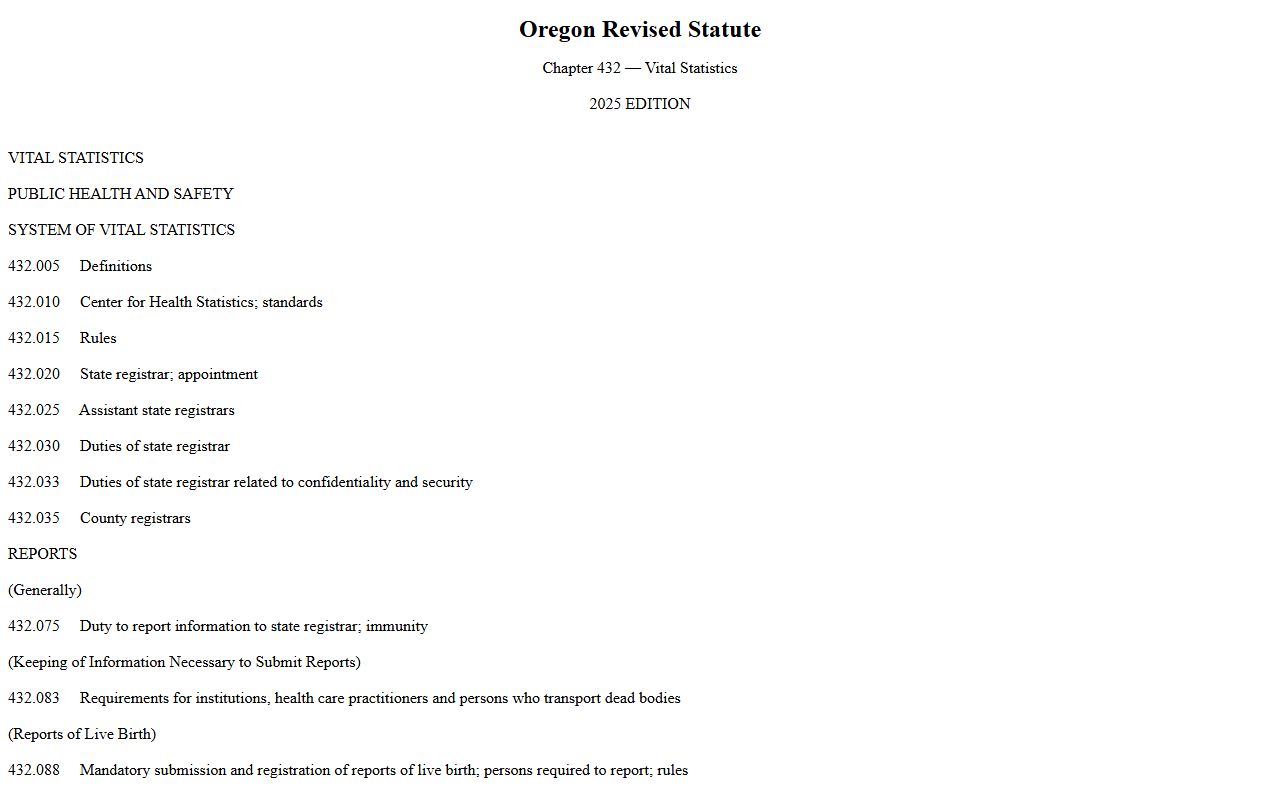 Oregon Revised Statutes Chapter 432 governing death records